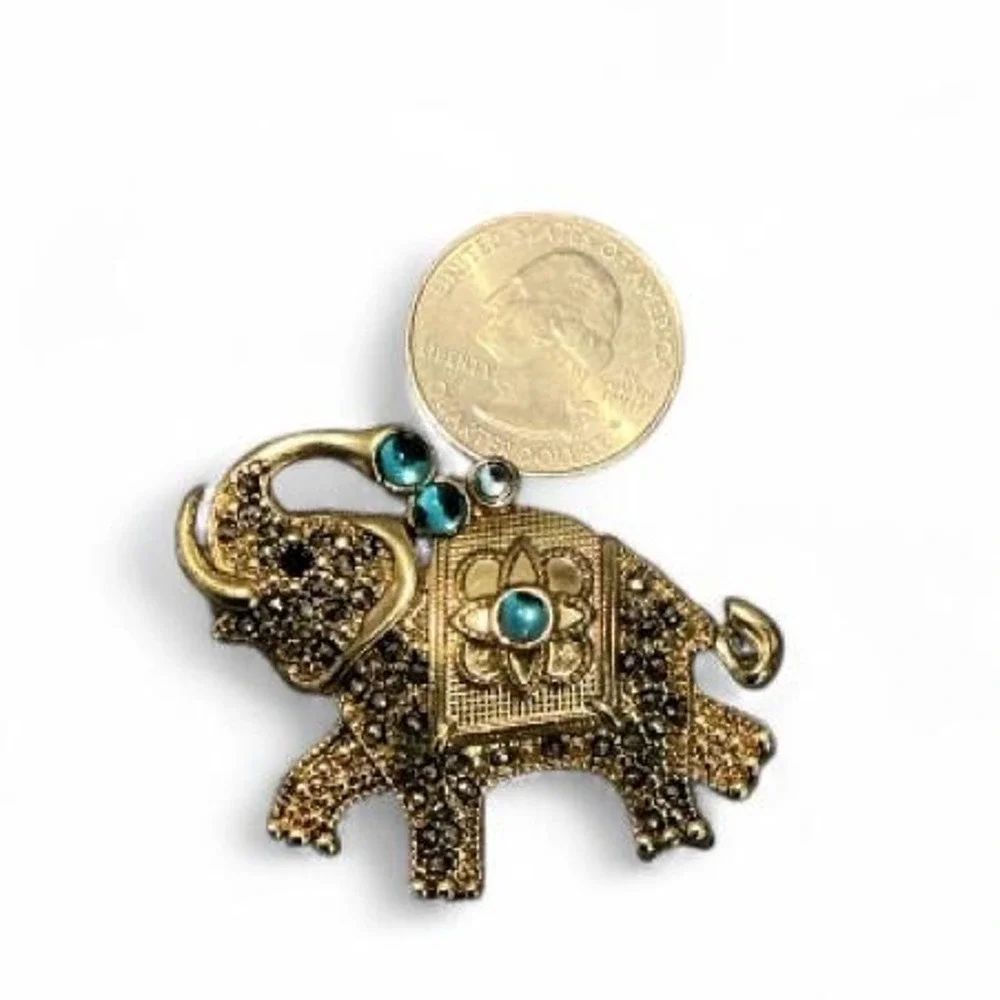 Vintage FAF Elephant Brooch Gold-Tone Marcasite‎ Teal Excellent Good Luck Charm